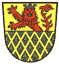 Der rote L�we steht f�r die Grafen von Katzenelnbogen, die Lilien hinter einem Gitter symbolisieren das Marienpatrozinium Darmstadts, des Hauptortes der Obergrafschaft Katzenelnbogen.