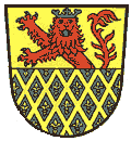 Das Wappen zeigt in der oberen H�lfte einen roten L�wen auf goldenem Grund und in der unteren H�lfte ein rautenf�rmiges blaues Muster auf goldenem Grund. In den blauen Rauten sind Lilien abgebildet.