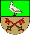 Das Wappen von Wiebelsheim zeigt in der oberen H�lfte eine Taube auf gr�nem Grund und in der unteren H�lfte zwei rote Stadtschl�ssel auf beigem Grund.