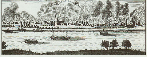 Zu sehen ist der Stadtbrand vom Jahr 1689 auf einem Holzstich