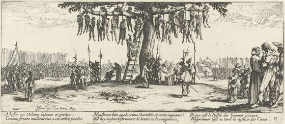 Die Radierung der Totenbaum ist Teil der Sammlung "Les Grandes Misère de la guerre" des französischen Künstlers Jacques Callot von 1633