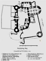 Das Bild zeigt einen Schwarz-Weiß-Grundriss der Burg Reichenberg nach Wilhelm Dilich