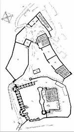 Das Bild zeigt den Lageplan der Burg Reichenberg als Scharz-Weiß-Graphik