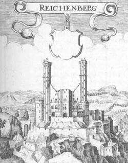 Burg Reichenberg im Jahr 1655. Auszug aus der Topographia Hassiae von Matthäus Merian.
