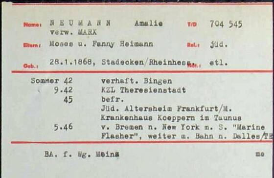 Arolsen-Archives, Karteikarte Amalie Marx geb. Neumann
