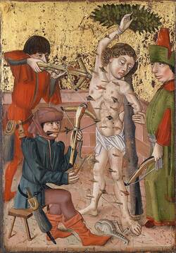 Martyrium des heiligen Sebastian, der als Pestheiliger verehrt wurde. Anonyme Ölmalerei aus der Mittelrheinregion, ca. 1470-1480