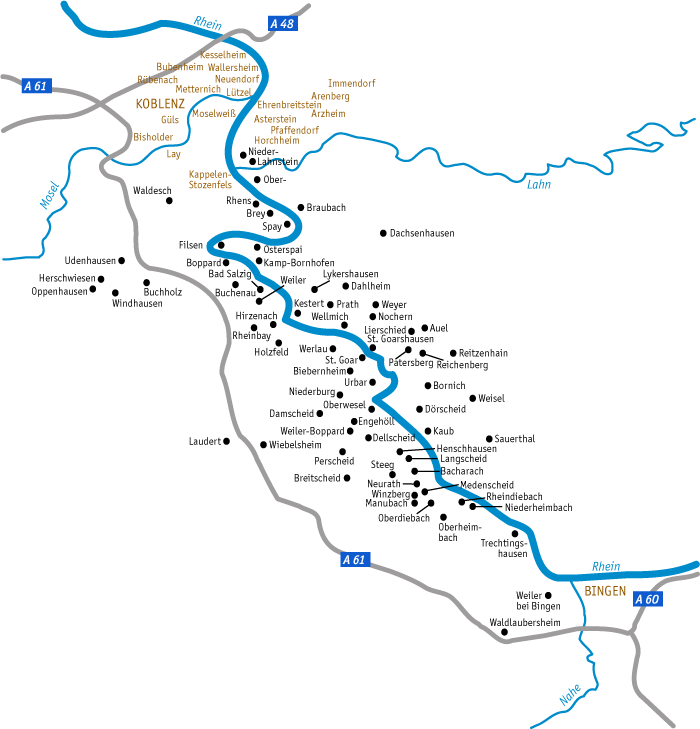 Karte der in regionalgeschichte.net aufgef�hrten Orte am Mittelrhein