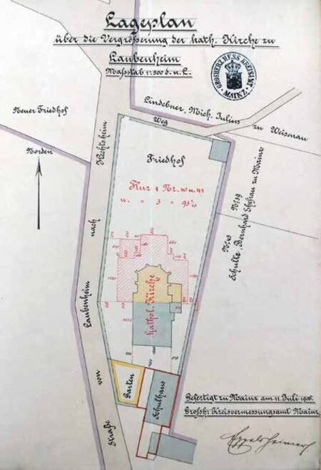 Abb. 1: Lageplan über die Vergrößerung der kath. Kirche (das heutige Pfarrhaus war damals noch Schulhaus, 1906)