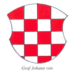 Zu sehen ist das Wappen der hinteren Grafschaft Sponheim, ein Schild mit weiß-rot versetzten Vierecken