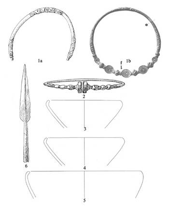 Abb. 10: Latènezeit. 1a: Laubenheim (Lt11); 1b: auswärtige, vollständig erhaltene Parallele; 2: Laubenheim (Lt10); 3–5: Henry-Moisand-Straße 35A (Lt1); 6: Aus dem Rhein (Lt12). Unterschiedliche Maßstäbe.