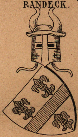 Wappen der Herren von Randeck aus Siebmachers großes und allgemeines Wappenbuch Bd. VI, Abt. 7, Tafel 55. Horizontalgeteiltes Wappen, oben zwei (rote) Lilien, unten eine (rote) Lilie, geteilt durch einen (roten) Balken.