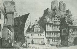 Ortskern St. Goarshausens im 19. Jahrhundert auf einer Lithographie von C. Frommel