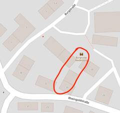 Die Burganlage befindet sich auf dieser Karte zwischen dem Symbol "Ruine Niederburg" und der Rheingoldstraße zwischen den Häusern 30 und 32.