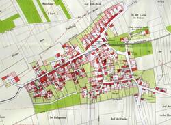Karte von Udenheim 1833, ergänzt um Pläne von 1929/36