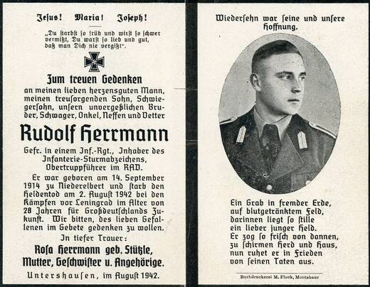 Totenzettel des Soldaten Rudolf Herrmann