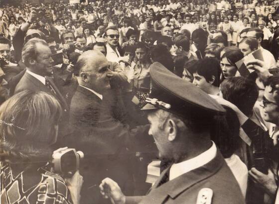 Bundeskanzler Willy Brandt und Frankreichs Präsident Georges Pompidou zu Besuch in Mainz am 1. Juli 1971.