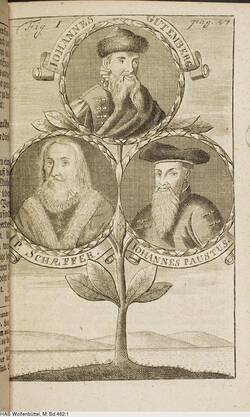 Trias der Druckkunst: Gutenberg - Fust - Schöffer. Aus Gessner, Christian Friedrich: Die so näthig als nützliche Buchdruckerkunst und Schriftgießerei. Bd. 1. Leipzig 1740, Fig. 1, Pag. 47.