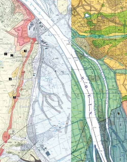 Abb. 1: Laubenheimer Gebiet im Ausschnitt der geologischen Karte. Zusammenschnitt der Blätter Mainz und Groß-Gerau. Weiße Ziffern, schwarz unterlegt.