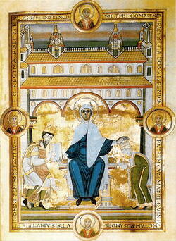 Heinrich III. (links) übergibt ein prachtvoll ausgeschmücktes Evangeliar (das „Goldene Buch“, Codex Aureus), an die heilige Maria. Maria legt segnend der Kaiserin Agnes (rechts) die Hand auf. Im Hintergrund der Dom zu Speyer. Echternacher Buchmalerei um 1045.