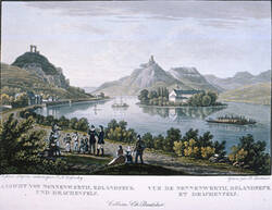 Das Bild zeigt Nonnenwerth, Rolandswerth und den Rolandsbogen um 1830