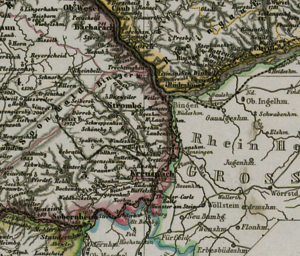 Waldalgesheim auf einer Karte der Preußischen Rheinprovinz, links die Preußische Rheinprovinz und rechts die Provinz Rheinhessen des Großherzogtums Hessen. Karte der Preußischen Rheinprovinz von Heinrich Karl Wilhelm Berghaus, 1862.