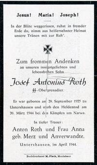 Rückseite des Totenzettel des Gefallenen Josef Antonius Roth, 1944