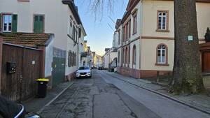 Blick auf die Anwesen der Herrnsheimer Hauptstraße vom Schloss kommend.