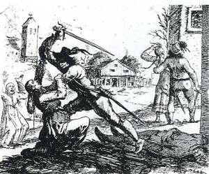 Die Radierung von Hans Ulrich Franck entstand um 1656 und zeigt die zunehmende Grausamkeit der kämpfenden Söldner im Dreißigjährigen Krieg.