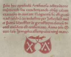 Kolophon und Druckermarke von Fust und Schöffer in der 48-zeiligen Bibel von 1462