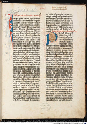 Geschmückte Seite der Gutenbergbibel (1452-1454) mit 42 Zeilen.