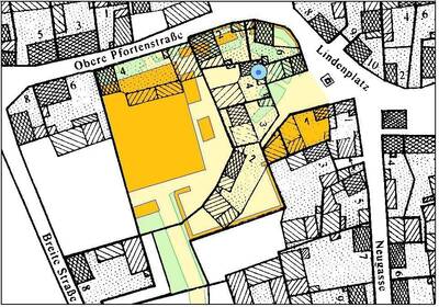 Das 2015 neu gestaltete Dorfzentrum im Katasterplan von 1900 farblich markiert.