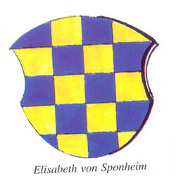 Zu sehen ist das Wappen der vorderen Grafschaft Sponheim, ein Schild mit gelb-lila versetzten Vierecken