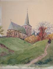 Gemälde von Bernhard Scherer aus Bingen, 1936. Wallgraben, rechts neben der ehemaligen Pfarrkirche. Das Bild befindet sich im Besitz von Ingrid Muders.