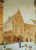 Zu sehen ist das Haus zum Jungen Aben. Aquarell von Carl Brunner, um 1930.