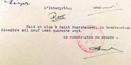 Verhörprotokoll mit Unterschrift und Siegel der vom Commissaire de la Sȗreté von St. Goarshausen geleiteten Ermittlungen zur Reichspogromnacht in Lierschied, Nochern und Weyer vom Dezember 1947.