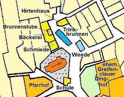 Karte des Röhrbrunnenplatz im 18. Jh. mit beschrifteten Handwerksbetrieben der Dorfgemeinde.