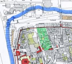 Grün eingezeichnetes Judenviertel in Bingen. Basierend auf einer Verschneidung des Eickemeyer-Plan von 1769 und einem modernem Katasterplan.