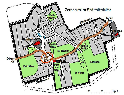 Spätmittelalterlicher Ortsplan von Zornheim mit eingezeichneter s-förmiger Achse zwischen den Dorfeingängen
