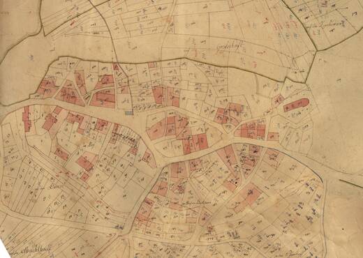 Auf dieser Vervielfältigung des heutigen Landesamtes für Vermessung und Geobasisinformation aus den Karten von 1812 ist der Verlauf des Ringwalls (Wallgraben) noch gut zu erkennen. Oben sieht man auf der ganzen Breite noch gut den Graben. Die Burg ist hier nicht besonders eingezeichnet, weil das Gemeindeeigentum außerhalb der Bebauung üblicherweise nicht differenziert ausgewiesen ist. Unten sieht man von links nach rechts im Bogen schmale langgezogene "Streifen" die den Verlauf des Wallgrabens mit Landwehr (Damm) zeigen.