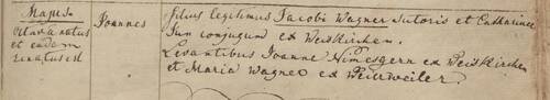 Abbildung 7 - Taufeintrag von Johann Wagner (1)
Bistumsarchiv Trier Abt. 72 Weiskirchen Kb 3, S. 217.